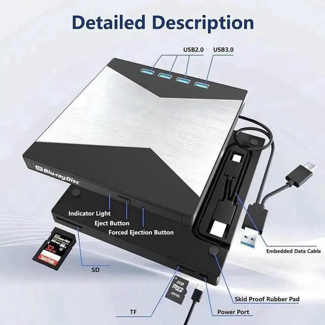 Alt view image 2 of 7 - Vszerda 7-in-1 Portable 4K External Blu Ray Burner USB3.0 Type-C 3D BD DVD CD RW Optical Drive with SD TF Card Reader Compatible with Windows Mac OS Laptop Desktop PC
