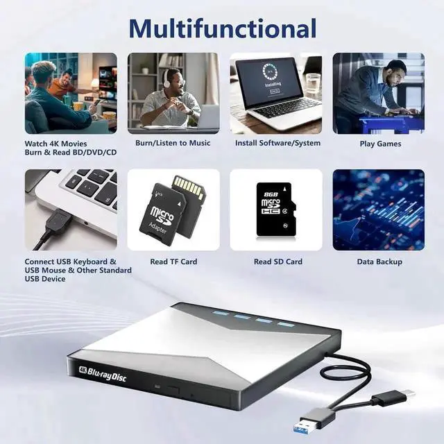 Alt view image 5 of 7 - Vszerda 7-in-1 Portable 4K External Blu Ray Burner USB3.0 Type-C 3D BD DVD CD RW Optical Drive with SD TF Card Reader Compatible with Windows Mac OS Laptop Desktop PC