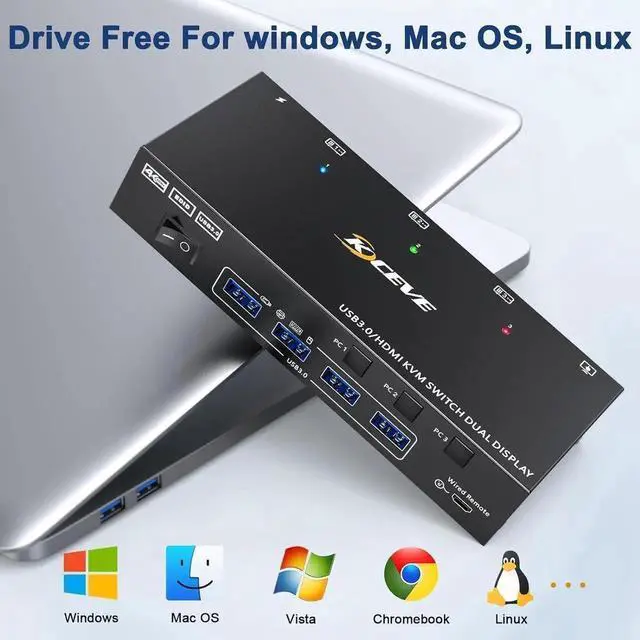 Alt view image 3 of 7 - Vszerda 3 In 2 Out Dual Monitor HDMI KVM Switch 4K@60Hz USB 3.0, Built-in EDID Emulator, Wired Remote Controller & Matching Cables Included, for 3 PCs Share Dual Displays, Keyboard, Mouse & Printer