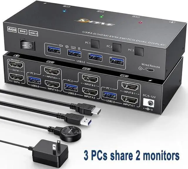 Main image of Vszerda 3 Port Dual HDMI KVM Switch 3 In 2 Out, USB3.0 4K@60Hz KVM Switcher with EDID Emulator, Wired Remote & Cables Included for 3 PCs Share 2 Monitors Keyboard Mouse Printer