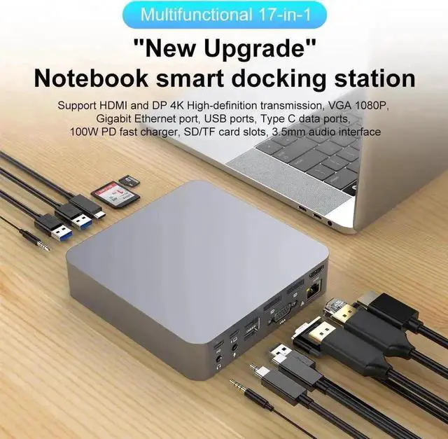 Main image of 17-in-1 USB C Triple Display Docking Station Multiport Hub Adapter, Dual DP 4K + Single HDMI 4K + VGA 1080P, Gigabit Ethernet, USB3.0 & USB2.0 Ports, 100W PD Pass-Through Charging, SD TF Card Reader,