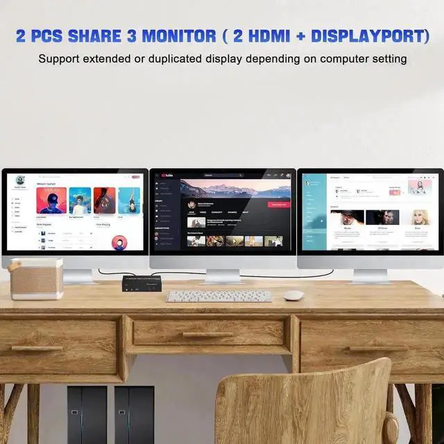 Alt view image 2 of 7 - Vszerda 2 Port Triple Monitor KVM Switch (2HDMI+1DP), 4K@60Hz USB3.0 KVM Switcher with Audio & Mic, 3 USB 3.0 Ports for 2 PCs Share 3 Displays Keyboard Mouse