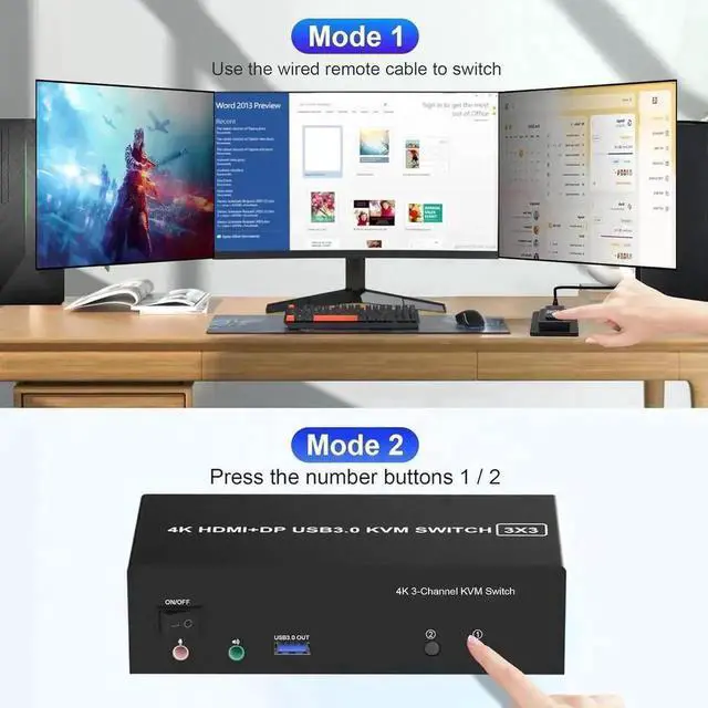 Alt view image 4 of 7 - Vszerda 2 Port Triple Monitor KVM Switch (2HDMI+1DP), 4K@60Hz USB3.0 KVM Switcher with Audio & Mic, 3 USB 3.0 Ports for 2 PCs Share 3 Displays Keyboard Mouse