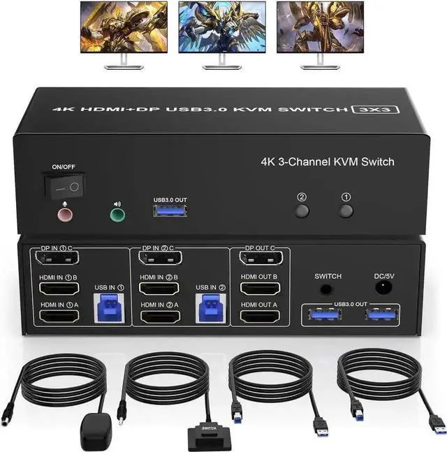 Main image of Vszerda 2 Port Triple Monitor KVM Switch (2HDMI+1DP), 4K@60Hz USB3.0 KVM Switcher with Audio & Mic, 3 USB 3.0 Ports for 2 PCs Share 3 Displays Keyboard Mouse