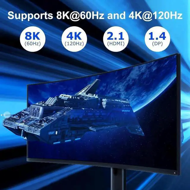 Alt view image 6 of 7 - Vszerda 2 PCs Triple Monitor 1HDMI+2DP Hybrid KVM Switch 8K@60Hz 4K@144Hz USB 3.0, Audio & Mic Jack, 3 USB 3.0 Ports, Mirror & Extended Display Modes for 2 Hosts Share 3 Displays