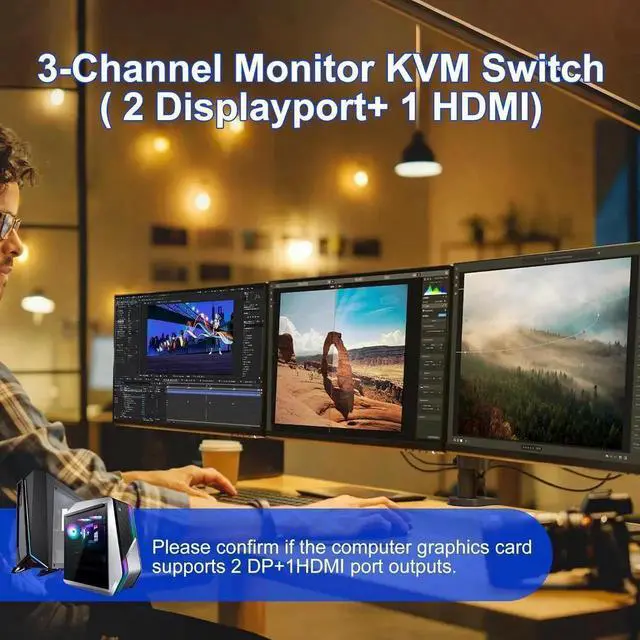 Alt view image 7 of 7 - Vszerda 2 PCs Triple Monitor 1HDMI+2DP Hybrid KVM Switch 8K@60Hz 4K@144Hz USB 3.0, Audio & Mic Jack, 3 USB 3.0 Ports, Mirror & Extended Display Modes for 2 Hosts Share 3 Displays