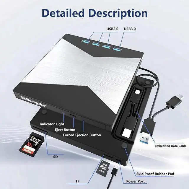 Alt view image 2 of 7 - Vszerda 7-in-1 Portable External 4K Blu Ray Burner, USB3.0 Type-C BD Player with SD TF Card Reader, 3D CD DVD R/W Optical Drive Compatible with Windows Mac OS Laptop Desktop PC
