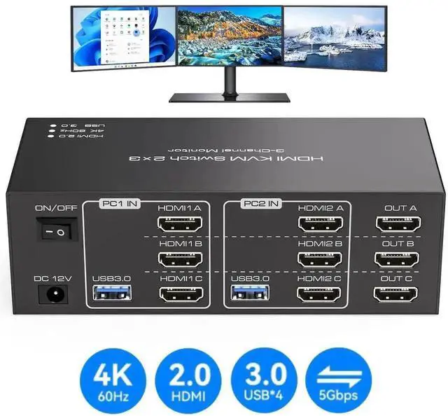 Main image of Vszerda 2-Port Triple HDMI KVM Switch, 8K@60Hz 4K@60Hz, 4 USB3.0 Ports