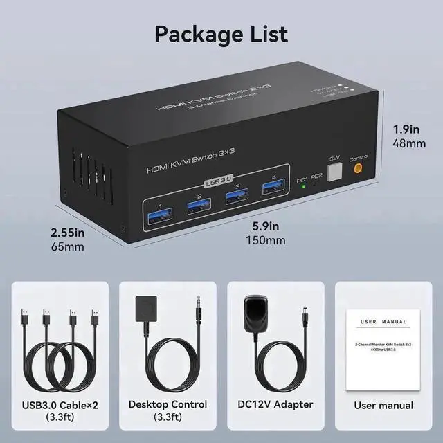 Alt view image 4 of 7 - Vszerda 2-Port Triple HDMI KVM Switch, 8K@60Hz 4K@60Hz, 4 USB3.0 Ports