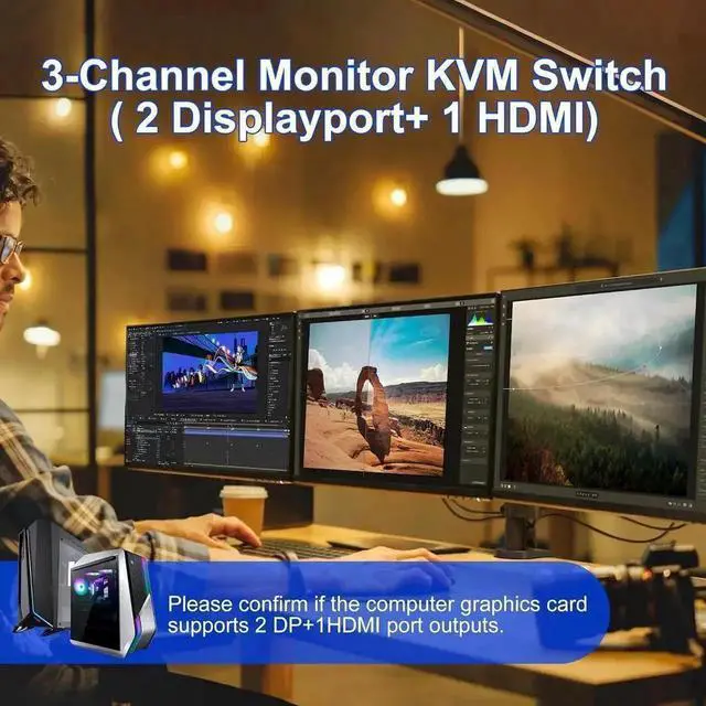 Alt view image 4 of 7 - Vszerda 2 Port Triple Monitor 1HDMI+2DP KVM Switch, 8K@60Hz 4K@144Hz USB3.0 KVM Switcher with Audio & Mic, 3 USB Ports for 2 PCs Share 3 Displays, Support Extend & Mirror Mode