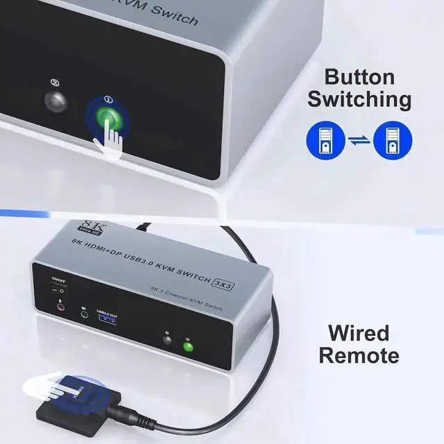 Alt view image 6 of 7 - Vszerda 2 Port Triple Monitor 1HDMI+2DP KVM Switch, 8K@60Hz 4K@144Hz USB3.0 KVM Switcher with Audio & Mic, 3 USB Ports for 2 PCs Share 3 Displays, Support Extend & Mirror Mode
