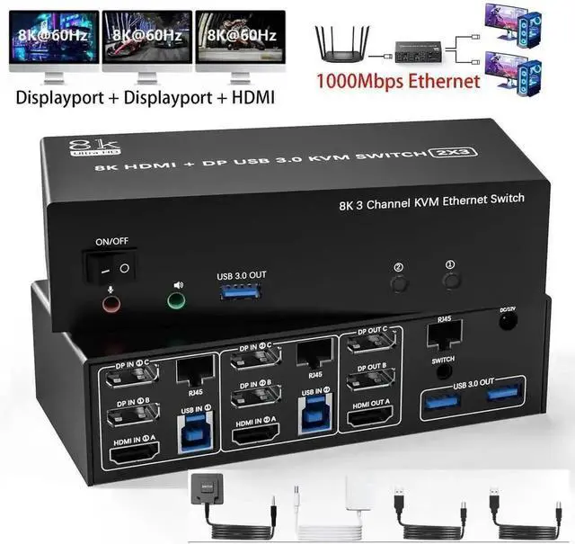 Main image of Vszerda 2 PCs Triple Monitor KVM Switch 2DP+HDMI 8K@60Hz 4K@144Hz, Built-in 1000Mbps Ethernet, 3 USB3.0 Ports, Audio Mic & Wired Remote Included
