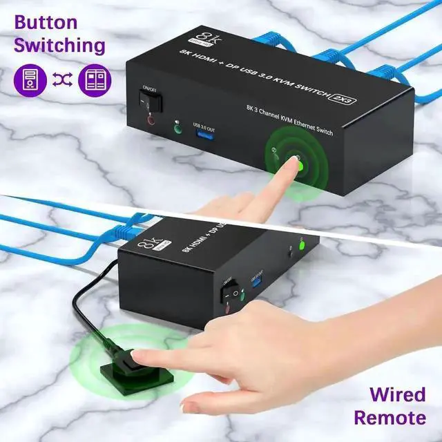 Alt view image 2 of 7 - Vszerda 2 PCs Triple Monitor KVM Switch 2DP+HDMI 8K@60Hz 4K@144Hz, Built-in 1000Mbps Ethernet, 3 USB3.0 Ports, Audio Mic & Wired Remote Included