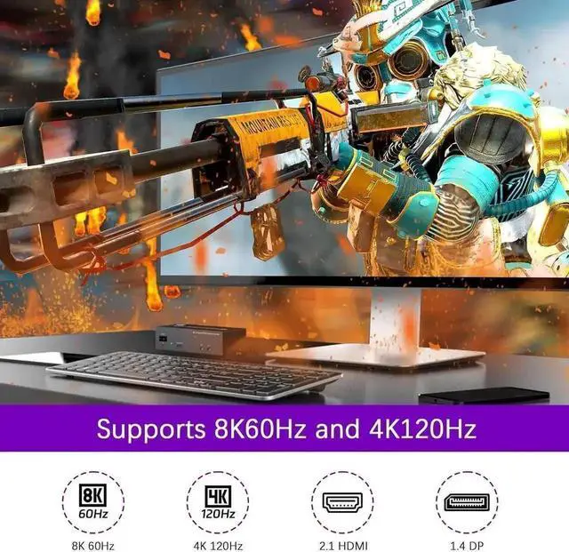 Alt view image 6 of 7 - Vszerda 2 PCs Triple Monitor KVM Switch 2DP+HDMI 8K@60Hz 4K@144Hz, Built-in 1000Mbps Ethernet, 3 USB3.0 Ports, Audio Mic & Wired Remote Included