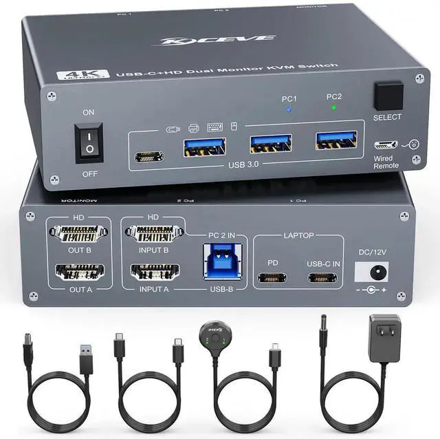 Main image of Vszerda 2 Port Dual Monitor USB-C & HDMI KVM Switch 4K@60Hz, USB 3.0 Type-C KVM Switcher for 2 PCs Share Dual Displays, Keyboard & Mouse