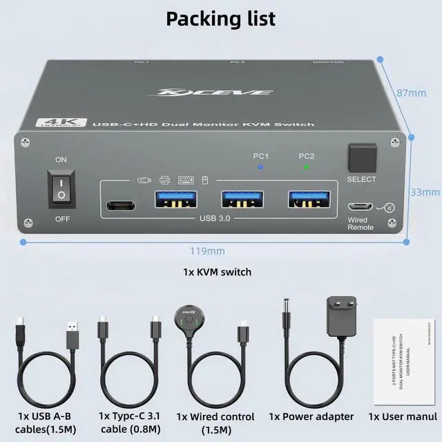 Alt view image 5 of 7 - Vszerda 2 Port Dual Monitor USB-C & HDMI KVM Switch 4K@60Hz, USB 3.0 Type-C KVM Switcher for 2 PCs Share Dual Displays, Keyboard & Mouse