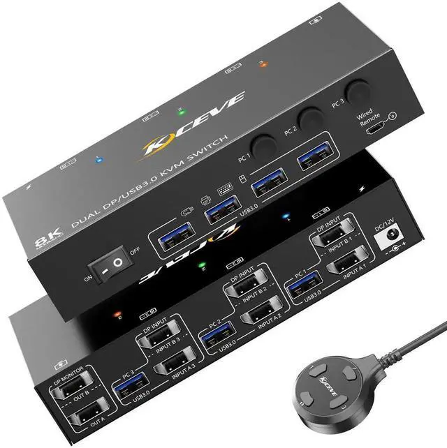 Main image of Vszerda 3 Port Dual Monitor DP KVM Switch 8K@60Hz, 3 PCs Share 2 DP Screens, USB 3.0 KVM Switch for Keyboard Mouse Sharing