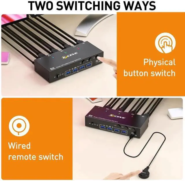 Alt view image 7 of 7 - Vszerda 3 Port Dual Monitor DP KVM Switch 8K@60Hz, 3 PCs Share 2 DP Screens, USB 3.0 KVM Switch for Keyboard Mouse Sharing