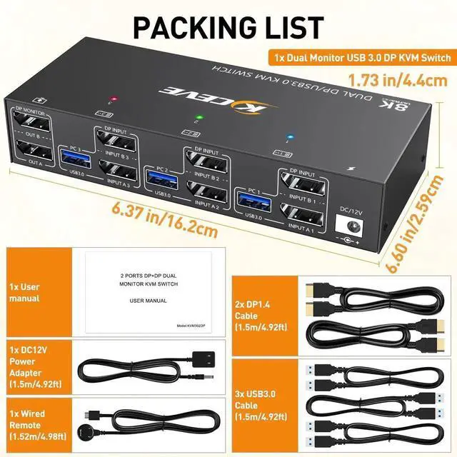 Alt view image 6 of 7 - Vszerda 3 Port Dual Monitor DP KVM Switch 8K@60Hz, 3 PCs Share 2 DP Screens, USB 3.0 KVM Switch for Keyboard Mouse Sharing