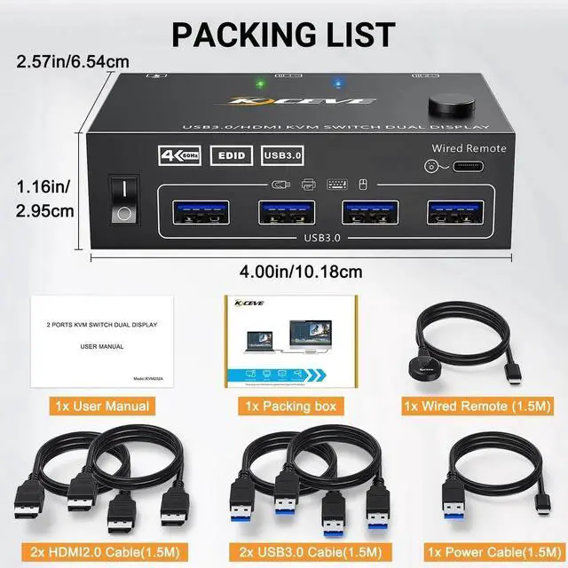 Alt view image 2 of 7 - Vszerda 2 Port Dual Monitor HDMI USB 3.0 KVM Switch, 4K@60Hz KVM Switcher for 2 PCs Share 2 Displays, Support Mirror & Extended Display with EDID Emulation Function