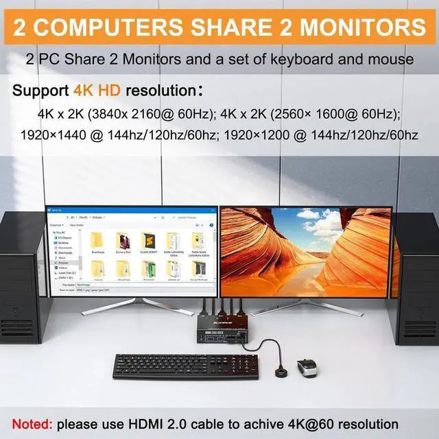 Alt view image 4 of 7 - Vszerda 2 Port Dual Monitor HDMI USB 3.0 KVM Switch, 4K@60Hz KVM Switcher for 2 PCs Share 2 Displays, Support Mirror & Extended Display with EDID Emulation Function