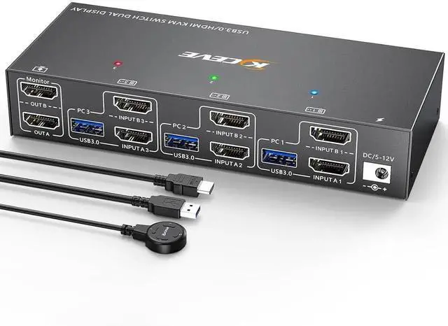 Main image of Vszerda 3-In-2-Out Dual Monitor HDMI KVM Switch 4K@60Hz, USB 3.0 KVM Switcher with EDID Emulation, 4 USB Ports for 3 PCs Share 2 Displays, Mirror & Extended Mode Supported