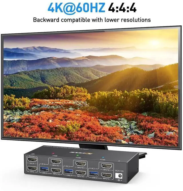 Alt view image 4 of 7 - Vszerda 3-In-2-Out Dual Monitor HDMI KVM Switch 4K@60Hz, USB 3.0 KVM Switcher with EDID Emulation, 4 USB Ports for 3 PCs Share 2 Displays, Mirror & Extended Mode Supported