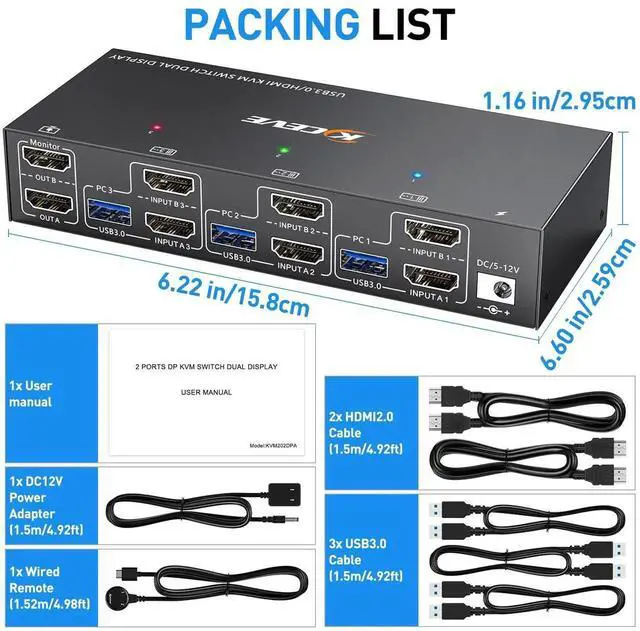 Alt view image 7 of 7 - Vszerda 3-In-2-Out Dual Monitor HDMI KVM Switch 4K@60Hz, USB 3.0 KVM Switcher with EDID Emulation, 4 USB Ports for 3 PCs Share 2 Displays, Mirror & Extended Mode Supported