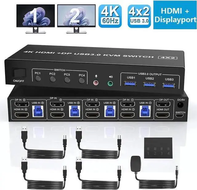 Main image of Vszerda 4 Port Dual Monitor DP+HDMI Hybrid KVM Switch 4K@60Hz USB 3.0, Audio & Mic Jack, 3 USB 3.0 Ports for 4 PCs Share 2 Displays
