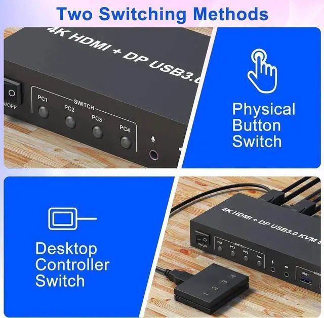 Alt view image 5 of 7 - Vszerda 4 Port Dual Monitor DP+HDMI Hybrid KVM Switch 4K@60Hz USB 3.0, Audio & Mic Jack, 3 USB 3.0 Ports for 4 PCs Share 2 Displays