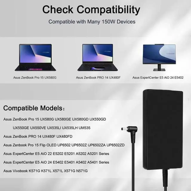 Alt view image 2 of 5 - Vszerda 150W AC Laptop Charger Adapter 19.5V for ASUS Zenbook/Vivobook Pro Series, 4.5×3.0mm Tip, Replaces ADP-150CH D A18-150P1A