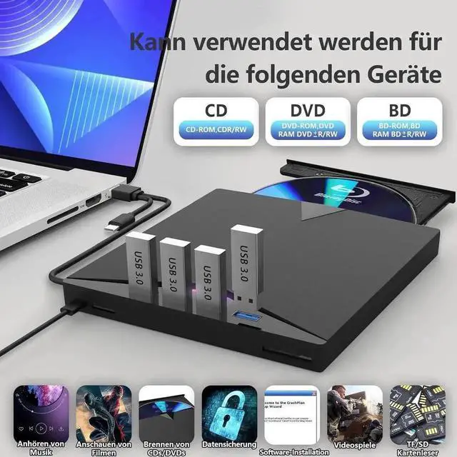 Alt view image 4 of 7 - Vszerda 7-in-1 Slim Portable 3D External Blu Ray Burner USB3.0 Type-C BD CD DVD RW Reader Writer Compatible with Windows MacBook Desktop PC