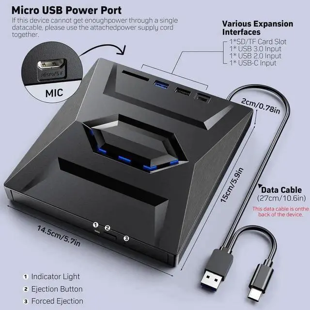 Alt view image 3 of 6 - Vszerda 5 in 1 Slim External Blu Ray Drive USB3.0 Type-C BD CD DVD RW Reader Writer with SD TF Card Reader Compatible with Windows Linux Mac OS Laptop Desktop PC