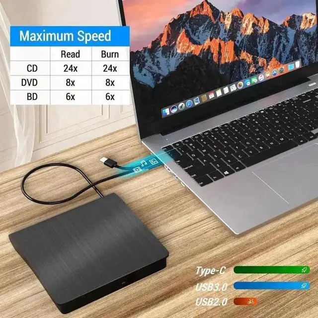 Alt view image 3 of 7 - Vszerda USB 3.0 Type-C Slim Portable External 3D Blu-ray BD CD DVD RW Burner Optical Drive Compatible with Laptop Desktop Mac Windows XP/7/8/10/11 MacOS