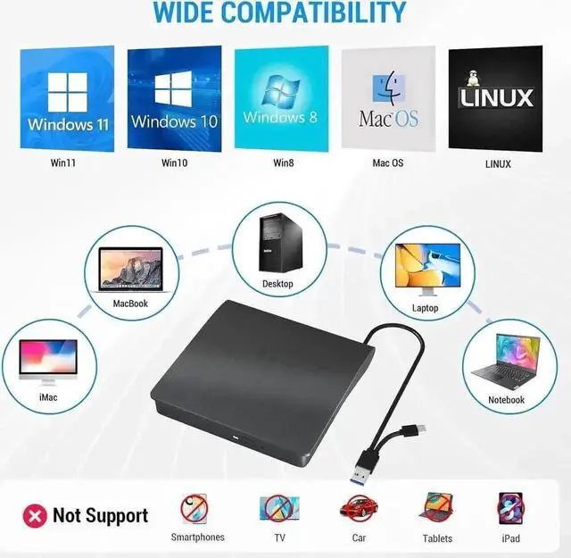 Alt view image 7 of 7 - Vszerda USB 3.0 Type-C Slim Portable External 3D Blu-ray BD CD DVD RW Burner Optical Drive Compatible with Laptop Desktop Mac Windows XP/7/8/10/11 MacOS