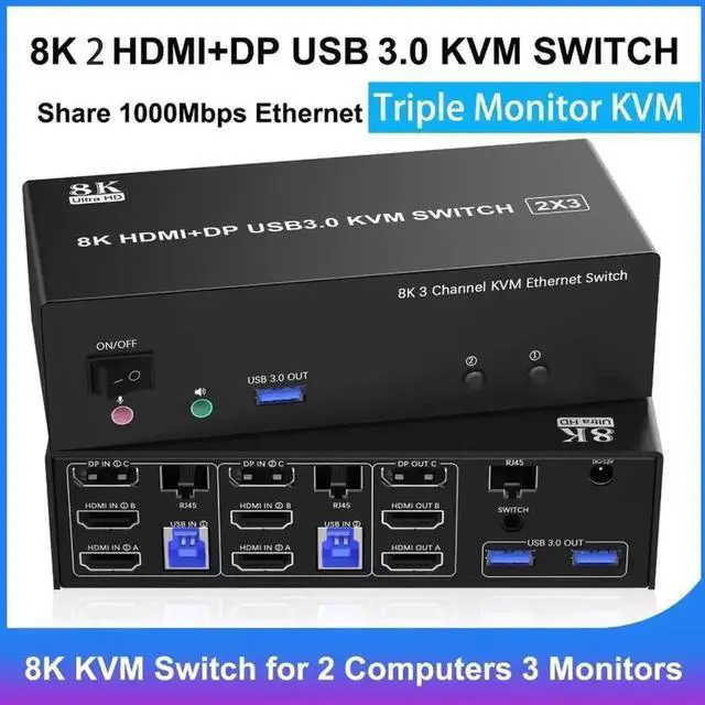 Main image of Vszerda 2 Port Triple Monitor 2HDMI+DP KVM Switch USB3.0, With 1000Mbps RJ45 Ethernet, 3 USB3.0 Ports, 3.5mm Audio Mic & Wired Remote for 2 PCs Share 3 Displays
