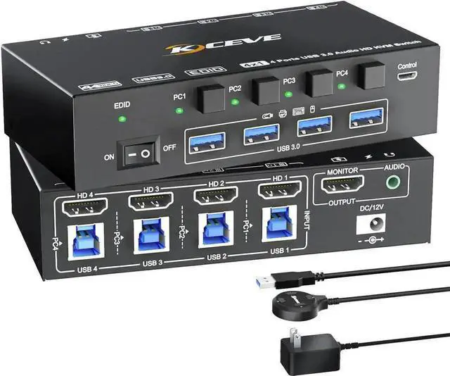 Main image of Vszerda 4 Port HDMI USB3.0 KVM Switch, 8K@60Hz KVM Switcher with 3.5mm Audio & EDID Emulator for 4 PCs Share 1 Monitor Keyboard Mouse, Compatible with Windows Mac Linux