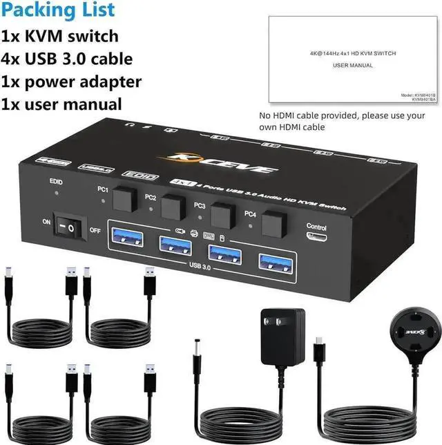 Alt view image 3 of 7 - Vszerda 4 Port HDMI USB3.0 KVM Switch, 8K@60Hz KVM Switcher with 3.5mm Audio & EDID Emulator for 4 PCs Share 1 Monitor Keyboard Mouse, Compatible with Windows Mac Linux