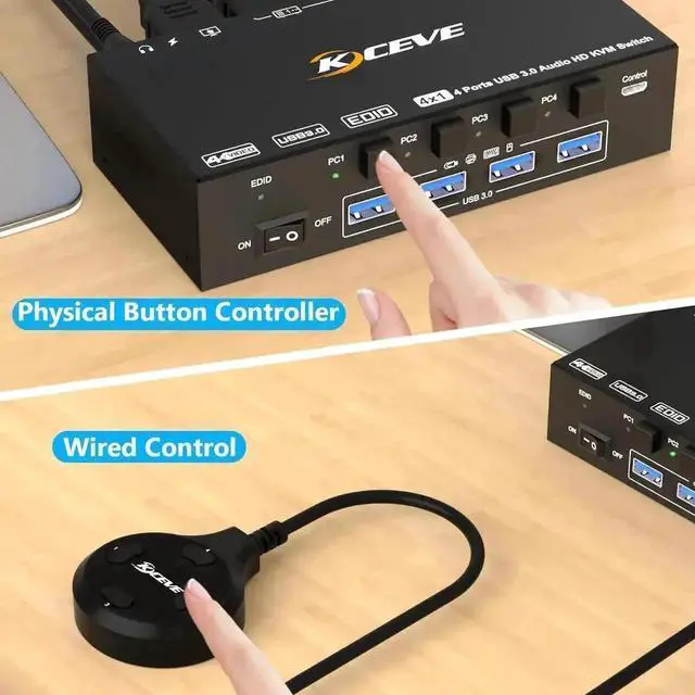 Alt view image 2 of 7 - Vszerda 4 Port HDMI USB3.0 KVM Switch, 8K@60Hz KVM Switcher with 3.5mm Audio & EDID Emulator for 4 PCs Share 1 Monitor Keyboard Mouse, Compatible with Windows Mac Linux