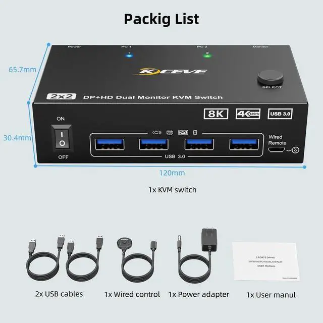 Alt view image 3 of 7 - Vszerda 2x2 Dual Monitor DP+HDMI KVM Switch 8K@60Hz, USB 3.0 KVM Switcher for 2 PCs Share Dual Displays Keyboard Mouse
