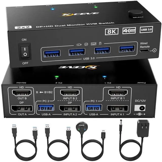 Main image of Vszerda 2x2 Dual Monitor DP+HDMI KVM Switch 8K@60Hz, USB 3.0 KVM Switcher for 2 PCs Share Dual Displays Keyboard Mouse