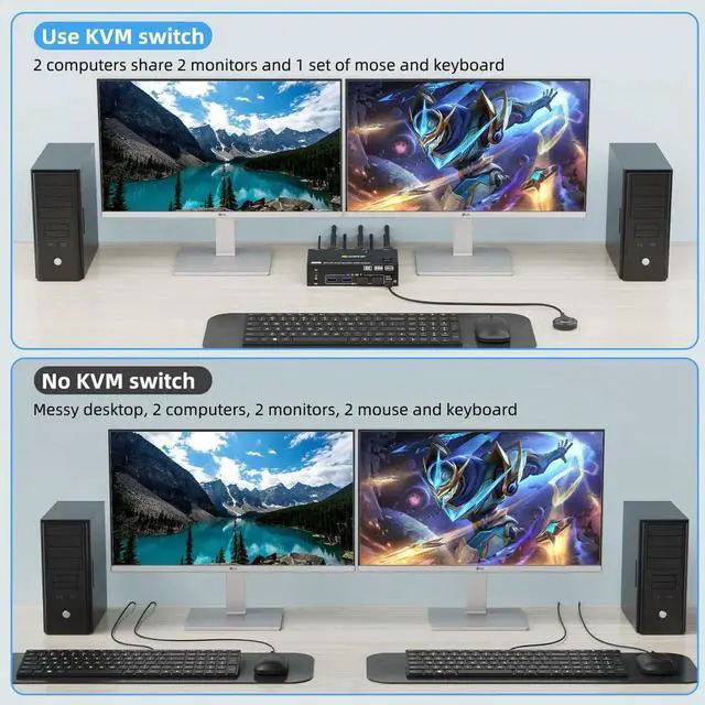 Alt view image 7 of 7 - Vszerda 2x2 Dual Monitor DP+HDMI KVM Switch 8K@60Hz, USB 3.0 KVM Switcher for 2 PCs Share Dual Displays Keyboard Mouse