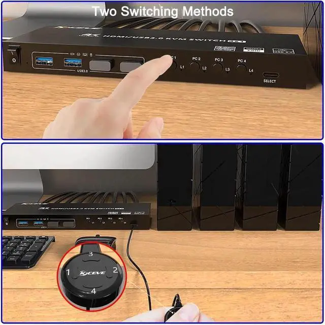 Alt view image 4 of 7 - Vszerda 4-Port HDMI USB 3.0 KVM Switch with EDID Emulator, 4K@60Hz, 4 PCs Share Monitor, Keyboard & Mouse