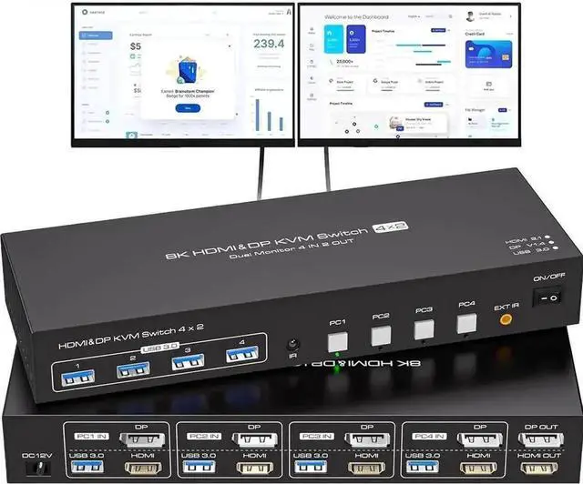 Main image of 4 Port Hybrid HDMI+DP Dual Monitor KVM Switch, 8K@60Hz 4K@120Hz USB3.0 KVM Switcher with 4 USB3.0 Ports, Remote Control & Power Adapter for 4 PCs Share 2 Displays, Support Extend & Mirror Mode