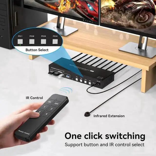 Alt view image 5 of 7 - 4 Port Hybrid HDMI+DP Dual Monitor KVM Switch, 8K@60Hz 4K@120Hz USB3.0 KVM Switcher with 4 USB3.0 Ports, Remote Control & Power Adapter for 4 PCs Share 2 Displays, Support Extend & Mirror Mode