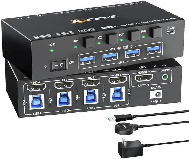 Main image of Vszerda 4-Port HDMI USB 3.0 KVM Switch 4K@60Hz, Built-in EDID Emulator & Audio Jack, 4 PCs Share One Monitor, Keyboard & Mouse