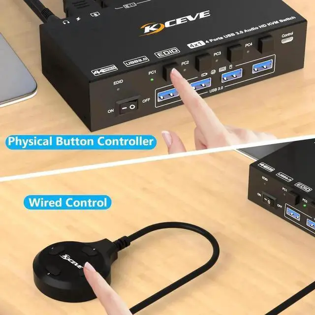 Alt view image 3 of 7 - Vszerda 4-Port HDMI USB 3.0 KVM Switch 4K@60Hz, Built-in EDID Emulator & Audio Jack, 4 PCs Share One Monitor, Keyboard & Mouse