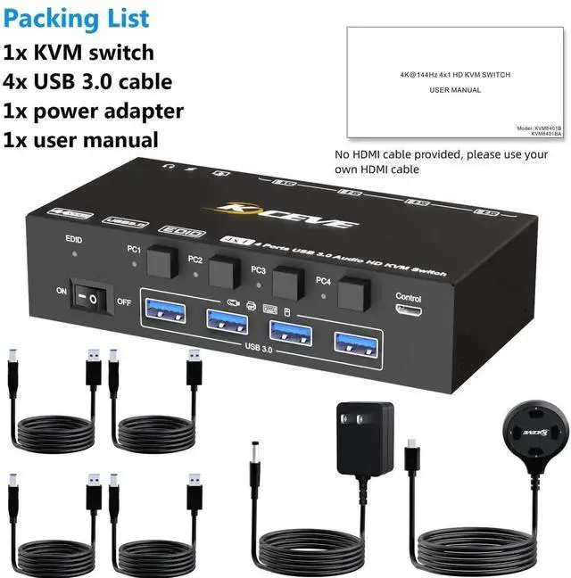 Alt view image 7 of 7 - Vszerda 4-Port HDMI USB 3.0 KVM Switch 4K@60Hz, Built-in EDID Emulator & Audio Jack, 4 PCs Share One Monitor, Keyboard & Mouse