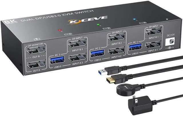 Main image of Vszerda 3-Port Dual Monitor DP USB 3.0 KVM Switch 4K@144Hz, 4 USB3.0 Ports, Wired Remote & Power Adapter Included for 3 PCs Sharing 2 Monitors