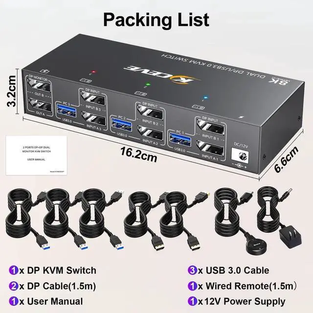Alt view image 7 of 7 - Vszerda 3-Port Dual Monitor DP USB 3.0 KVM Switch 4K@144Hz, 4 USB3.0 Ports, Wired Remote & Power Adapter Included for 3 PCs Sharing 2 Monitors